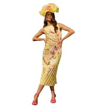 Coast Lisa Tan Floral Pleated Midi Dress – Yellow (Size 10)