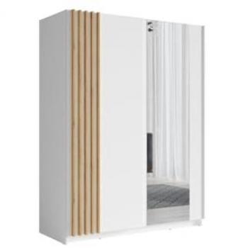 Armoire Meublorama 200 cm : double porte coulissante, miroir intégré, couleur blanche & chêne