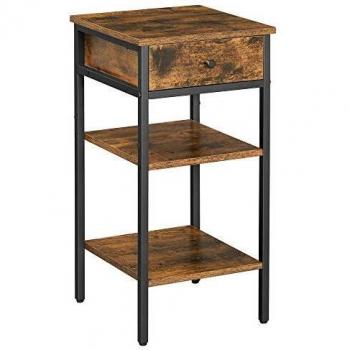 Vintagebrauner und schwarzer Nachttisch mit 1 Schublade und 2 offenen Fächern im Industriestil