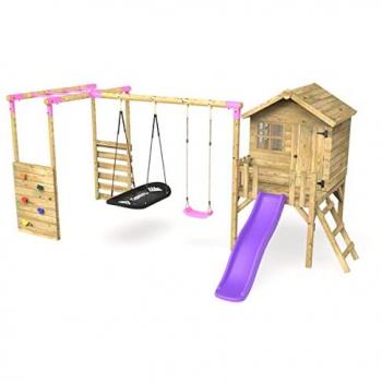Sage Purple 4ft Wooden Playhouse with Swings, Monkey Bars & 6ft Slide