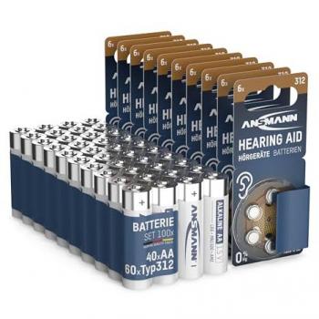 ANSMANN Paket mit 40x Alkaline AA und 60x Zellen für Hörgeräte Typ 312