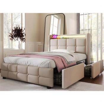 Lit ModernLuxe 90x200 cm – Rembourré en Lin, LED Intégrée, 2 Tiroirs, Ports USB – Beige