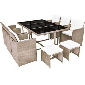 11-tlg. Garten-essgruppe Mit Auflagen Poly Rattan Beige