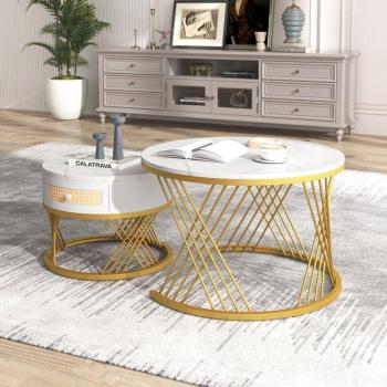 Bassi Tavolino Salotto – Motivo Marmo, Gambe Metallo, Bianco/Oro