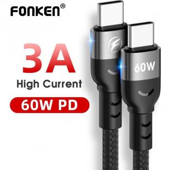 FONKEN Type C naar Type C Oplaadkabel PD 60W voor Xiaomi Samsung Galaxy en Macbook 1M Zwart