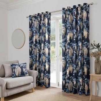 Navy Wisteria Floral Eyelet Curtains