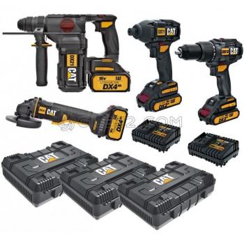 Set Completo CAT: Tassellatore, Trapano, Avvitatore, Smerigliatrice + 3 Valigette + 4 Batterie Erpiller