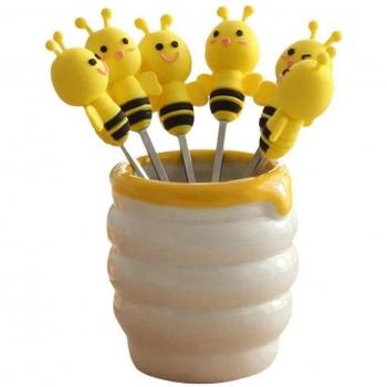 Exquisite Silicone Bee Fork Set with Stainless Steel Dessert Forks and Ceramic Base