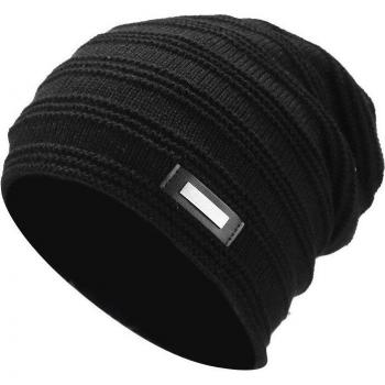 Slouchy Winterkappe für Männer, Fleece-Futter, unisex, gestreift, mit Text-Patch in Schwarz, Braun und Dunkelgrau