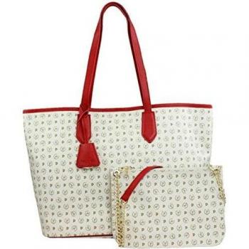 Pollini, Female Ivory Shoulder Bag with Heritage Print and Red Inserts, White, ONE SIZE