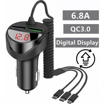 QC 3.0 Quick Charge Car Charger with 3-in-1 USB Cable for iPhone 11/7, Samsung, Xiaomi, Huawei
