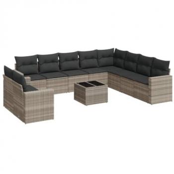 Bureau de terrasse 11 pièces, coussins gris clair, revêtement résine tressée