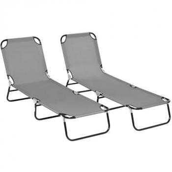 Set of 2 Dark Grey Folding Garden Loungers with Adjustable Backrest
