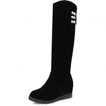 Botas AgooLar Redondas de Mujer con Cañón y Cuña Negra Esmerilada
