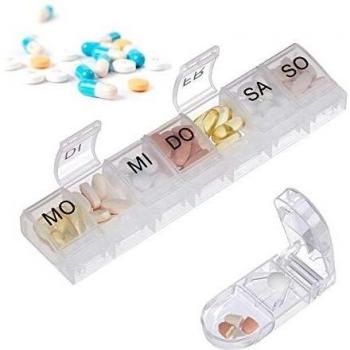 Weekly Medication Organizer, 7 Days, Pill Box with Cutter, Clear/Black Plastic