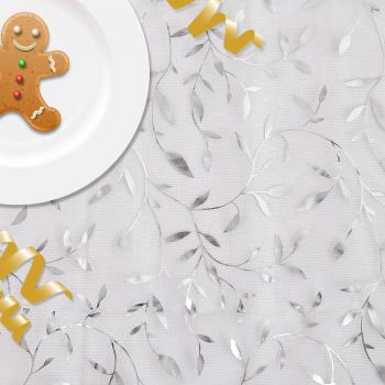 Deconovo Organza Weihnachtsschnee mit silbernen Blättern, 300 x 150 cm, weiß