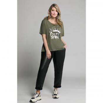 T-shirt verde oversize con disegno sole, scollo a girocollo, mezze maniche, donna, taglia 60/62, materiale cotone