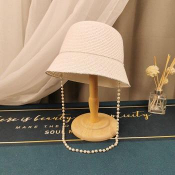 Summer Straw Hat with Pearl Chain