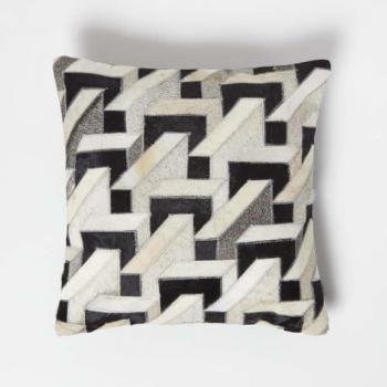 Homescapes Geometric Block Brown & Cream Leather Cushion 45 x 45 cm