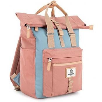Seveteen London 'Canary Wharf' Backpack with Roll Top in Pink & Light Blue