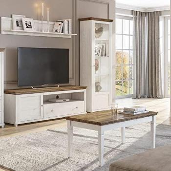Lomadox Landhaus TV Wand mit Couchtisch in Weiß und Lefkas Eiche