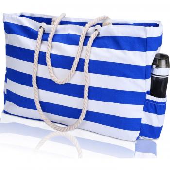 KUAK Canvas Blue Stripe Rope Handles Shoulder Beach Bag
