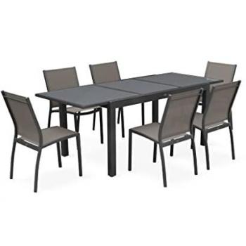 Mesa Jardín Extensible Orlando – color gris, 210 × 90 × 75 cm, 6 sillas en aluminio