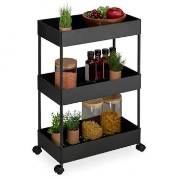 Carrello da Cucina con 3 Ripiani e Ruote, 65x39,5x21,5 cm, Nero