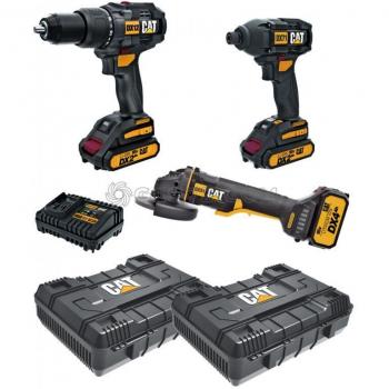 Pacchetto professionale CAT: trapano percussione, avvitatore e smerigliatrice + batteria + valigetta Erpillar