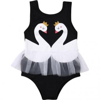 Traje de Baño 1-6T para Niñas, Diseño de Cisne, Sin Mangas, Negro