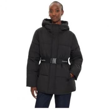 Chaqueta con capucha Calvin Klein Logo Belt Short Puffer negro puro mujer
