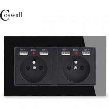 COSWALL toma de corriente estándar francesa con 2 entradas y 4 puertos de carga USB, LED suave oculto, panel de cristal, negro, blanco y gris