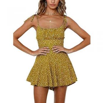 YBENLOVER Damen Blumen Sommerkleid Ärmellos Strandkleid Vintage Minikleid Overall Playsuit (M, Blau)