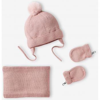 Adorable Baby Girl Rosy Headwear Combo – Beanie, Snood, Mittens (3–6M)