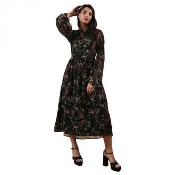 Oasis Women's Black Floral Chiffon Midi Dress, Lace Trim & Batwing Sleeves