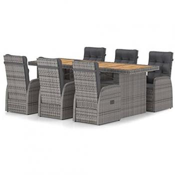7-Piece Grey Poly Rattan Outdoor Dining Set with Cushions and Acacia Wood Table