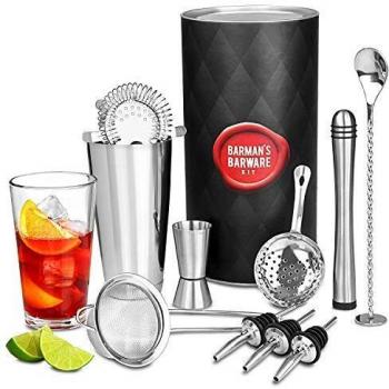 Premium Barware Set with Stainless Steel Tools and Glass Shaker (Boston Tin Included)