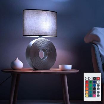 Keramische Tischleuchte Anthrazit – Beistelllampe mit Textilschirm & RGB LED