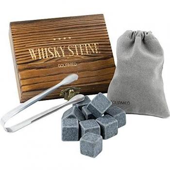 GOURMEO 9 Whisky Steine im Set in der Holzbox aus natürlichem Basalt mit einer Edelstahl Zange