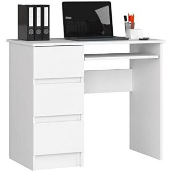 Bureau d'ordinateur Akord 90 cm blanc 3 tiroirs gauche