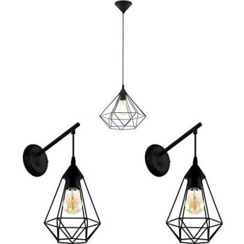Urban Black Wire Cage Ceiling Lamp + Two Complementary Wall Fixtures