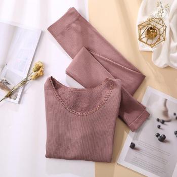 Sous-vêtements thermiques en velours pour femmes – col rond épais, dentelle longue, collection Hiver 2022
