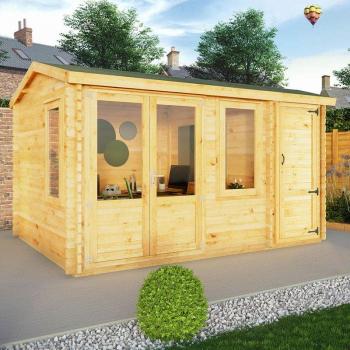 Mercia 44 mm Garden Office Log Cabin, 4 m × 3 m, Double Glass & Side Shed
