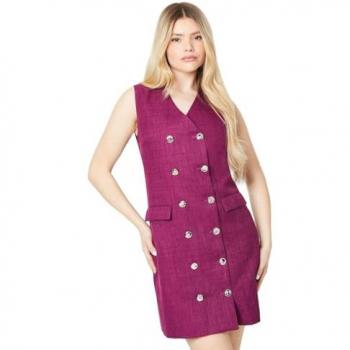 Burgundy Women's Double Breasted Boucle Shift Dress