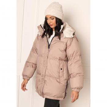 ONLY Premium Vilma Beige Hooded Thigh-Length Down Puffer Coat