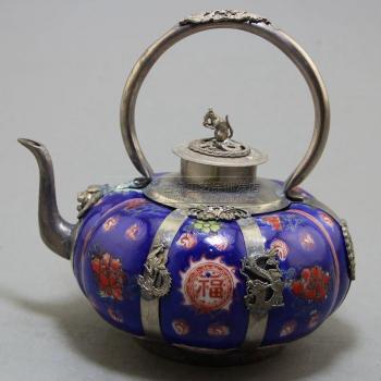 Four-Color Hand-Carved Chinese Porcelain Teapot with Copper Dragon and Phoenix