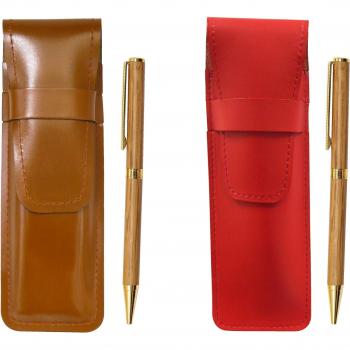 Carcasa fina de cuero bovino color rojo/marrón, con bisagra de madera dura, bolígrafo giratório ASCR‑368