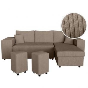 Canapé d'angle convertible en velours côtelé taupe avec 2 poufs et coffre de rangement à gauche