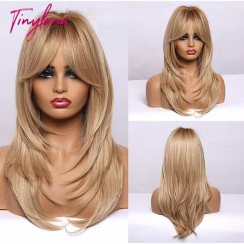 Golden & Blonde Straight Hair Medium Length Layered Wig with Bangs