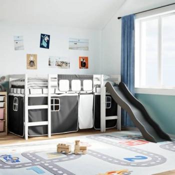 Kids' Loft Bed with Curtains, Solid Wood (Pine), White & Black, 90x200 cm, Vidaxl